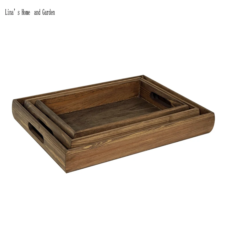 

cutout handles rectangle vintage home serving wood tray set