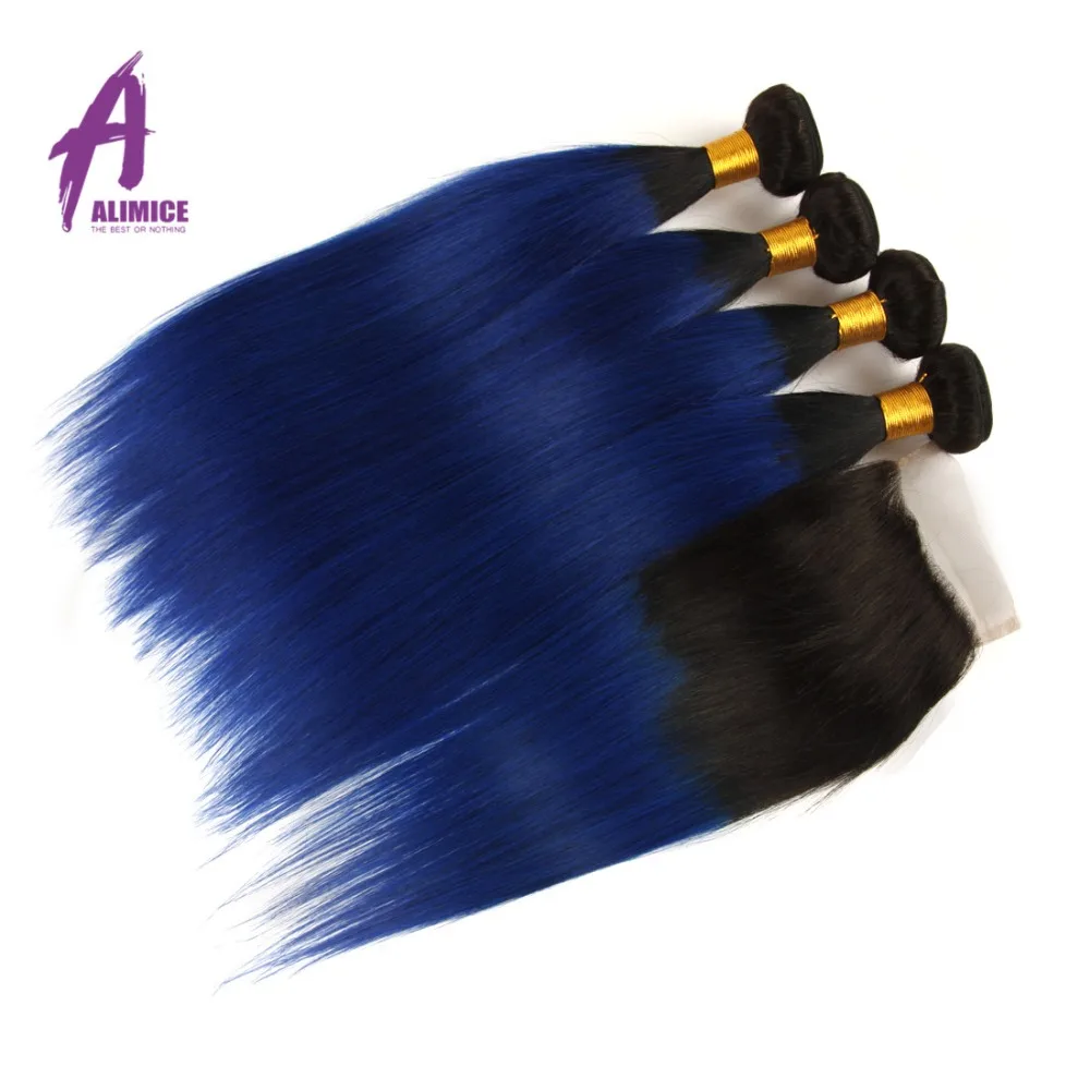Волосы Alimice прямые синие бразильские волнистые 3/4 пучка с закрыванием T1b/Blue Remy |