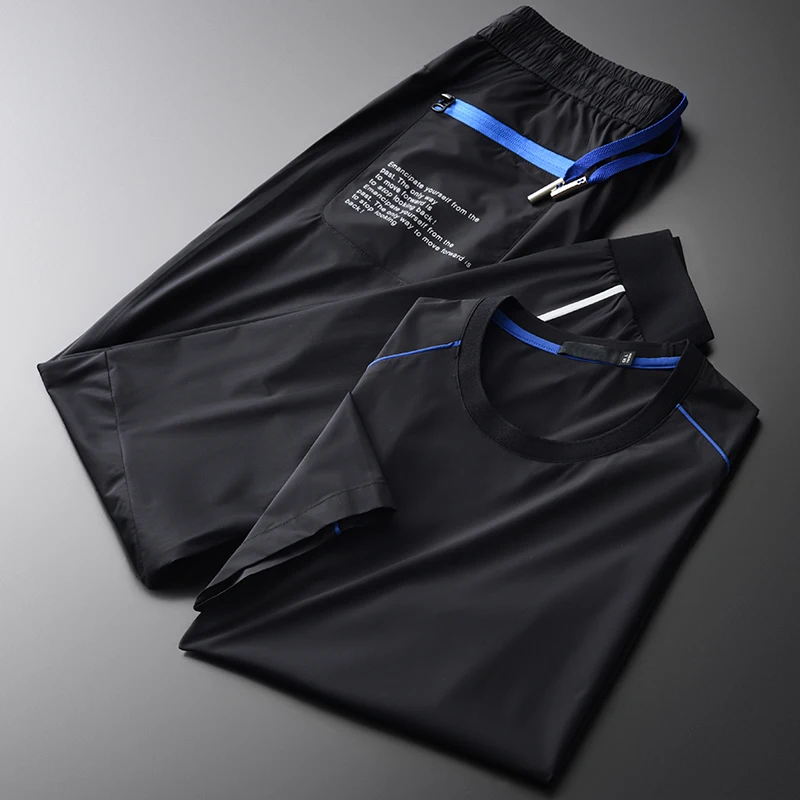 Minglu Summer Mens Sets (T-shirt+Pants) Luxury Round Collar Printed Short Sleeves Sport Men Plus Size 4xl Slim Fit Man | Мужская одежда
