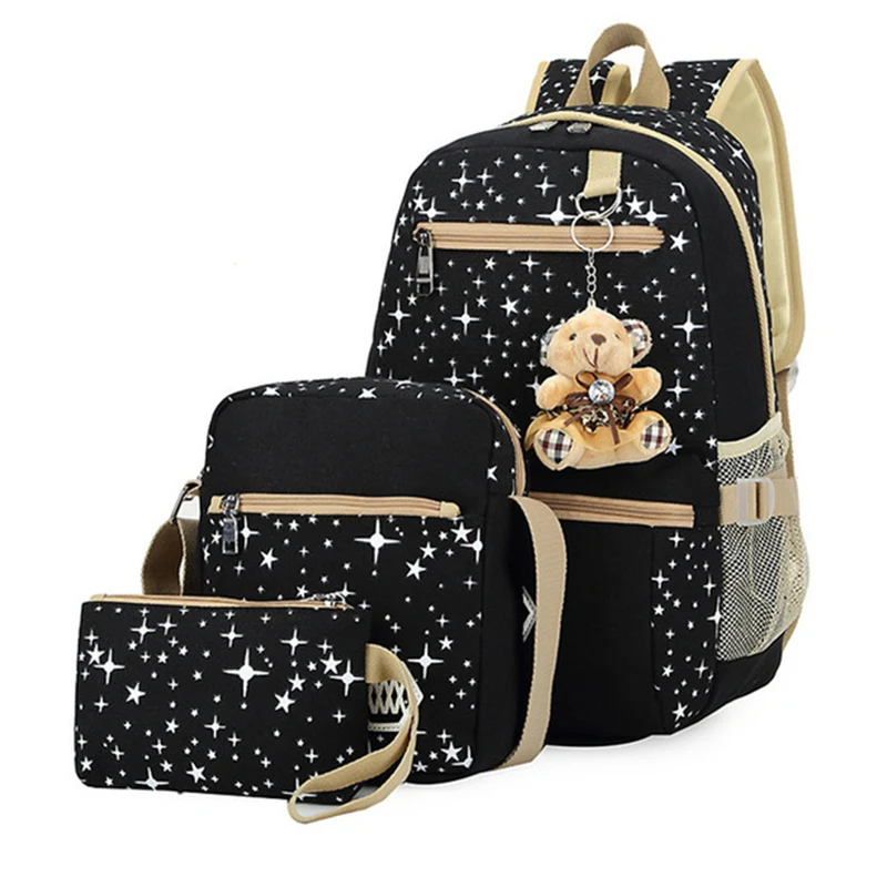 

3pcs/set Women Backpack School Bags Star Printing Cute Backpacks With Bear For Teenagers Girls Travel Bag Rucksacks Mochila