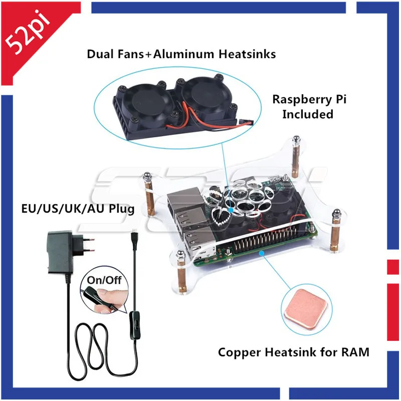 52Pi Raspberry Pi 3 Model B Starter Kit +Acrylic Clear Case Enclosure + 5V 2.5A Switch Power Supply + Cooling Fan & Heatsinks