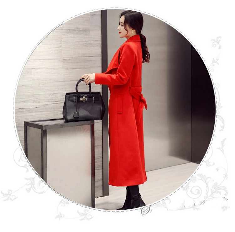 Женское шерстяное пальто длинное приталенное однотонного цвета с поясом