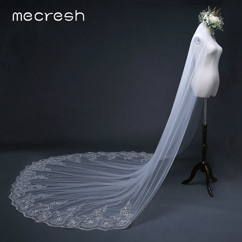 Mecresh 3M/4M Lace Bridal Wedding Veils Women Accessories One Layer White Ivory Long Tulle Mariage Chapel With Comb VTS003 | Свадьбы и