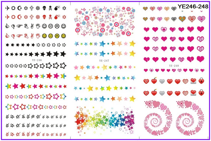 

(3 PACK/ LOT) WATER DECAL NAIL STICKER SWEET HEART LOVE STAR FLOWER KATE SKULL SWIRL YE246-248