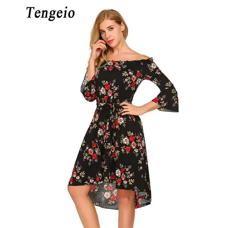 Tengeio Лето Для женщин Boho Цветочные с открытыми плечами платье 3/4 Flare рукавом