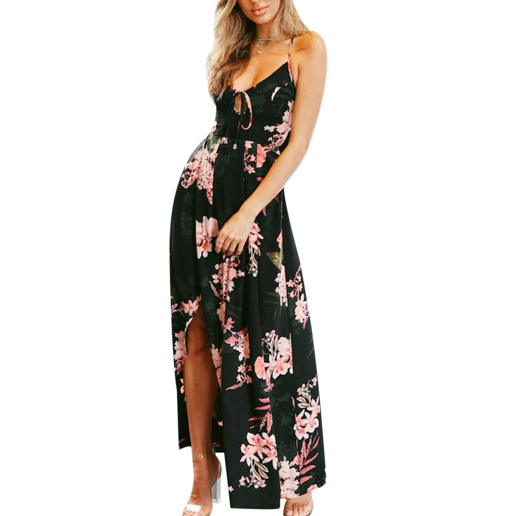 Женское пляжное платье Boho длинное шифоновое с открытой спиной и цветочным