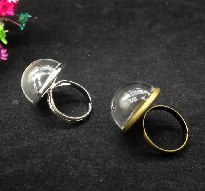 

20sets/lot 20mm half ball glass globe with silver/bronze plated ring set glass bottle ring DIY handmade jewelry findings ring