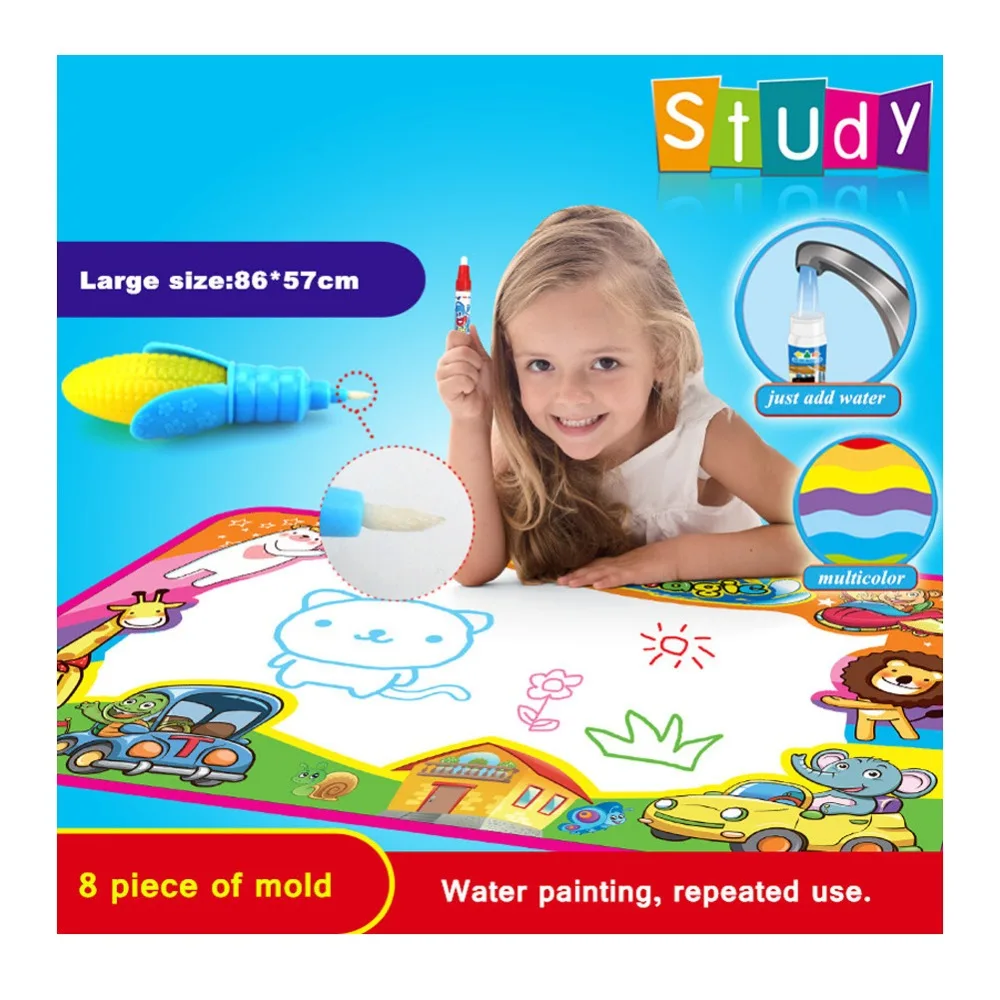 

Large Water Drawing Mat,Magic Doodle Pad 34.5 x 22.5 inch with 4 Water Pens and 8 Drawing Molds Kids Hand Writing Education Toy