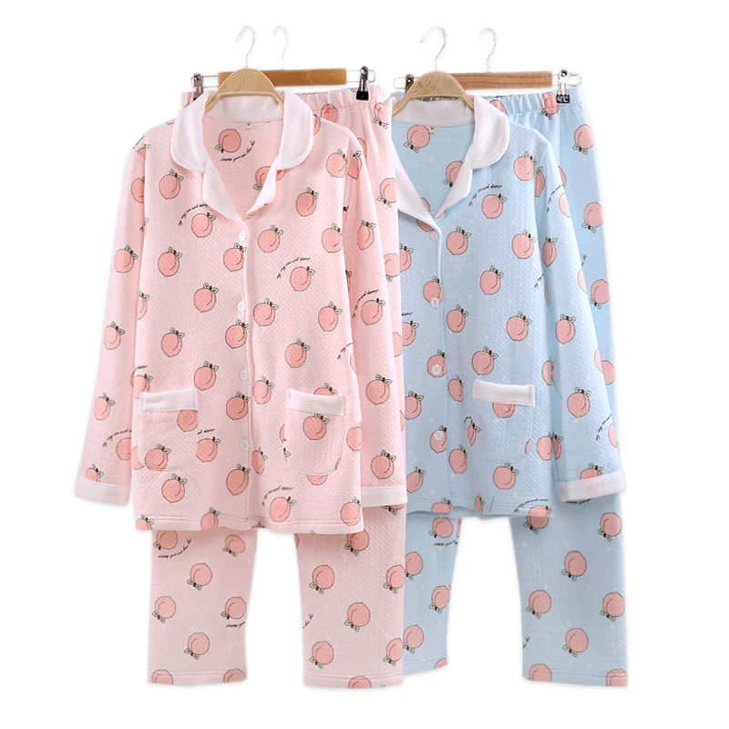 Kawaii, сочный персик, пижамы, наборы, для женщин, зимние, стеганые, хлопок, подводное плавание, пижамы, розовый, мультфильм, длинный рукав, теплые, для женщин, пижамы