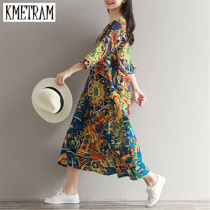 Платье женское длинное с цветочным принтом из хлопка батальных размеров YJZ012|vestidos