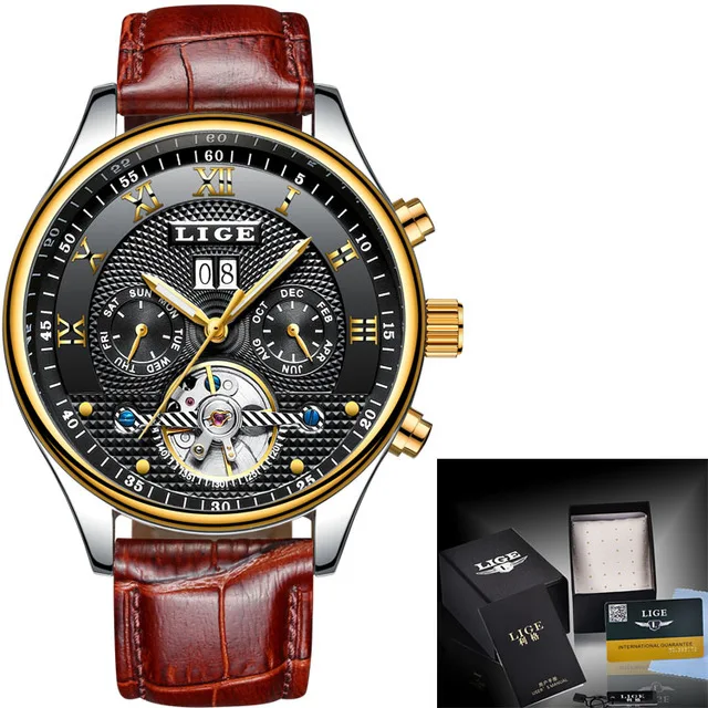 LIGE Fashion Sports Watch Men Business Leather Clock Mens Watches Top Brand Luxury Automatic Mechanical Watch Relogio Masculino - Color: gold black leather