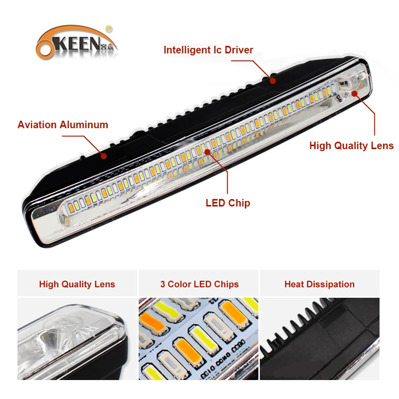 OKEEN 2pcs DRL Car LED Daytime Running Lights White Sequential Flowing Yellow Turn Signal Light Blue Fog Lamp 12V Driving |
