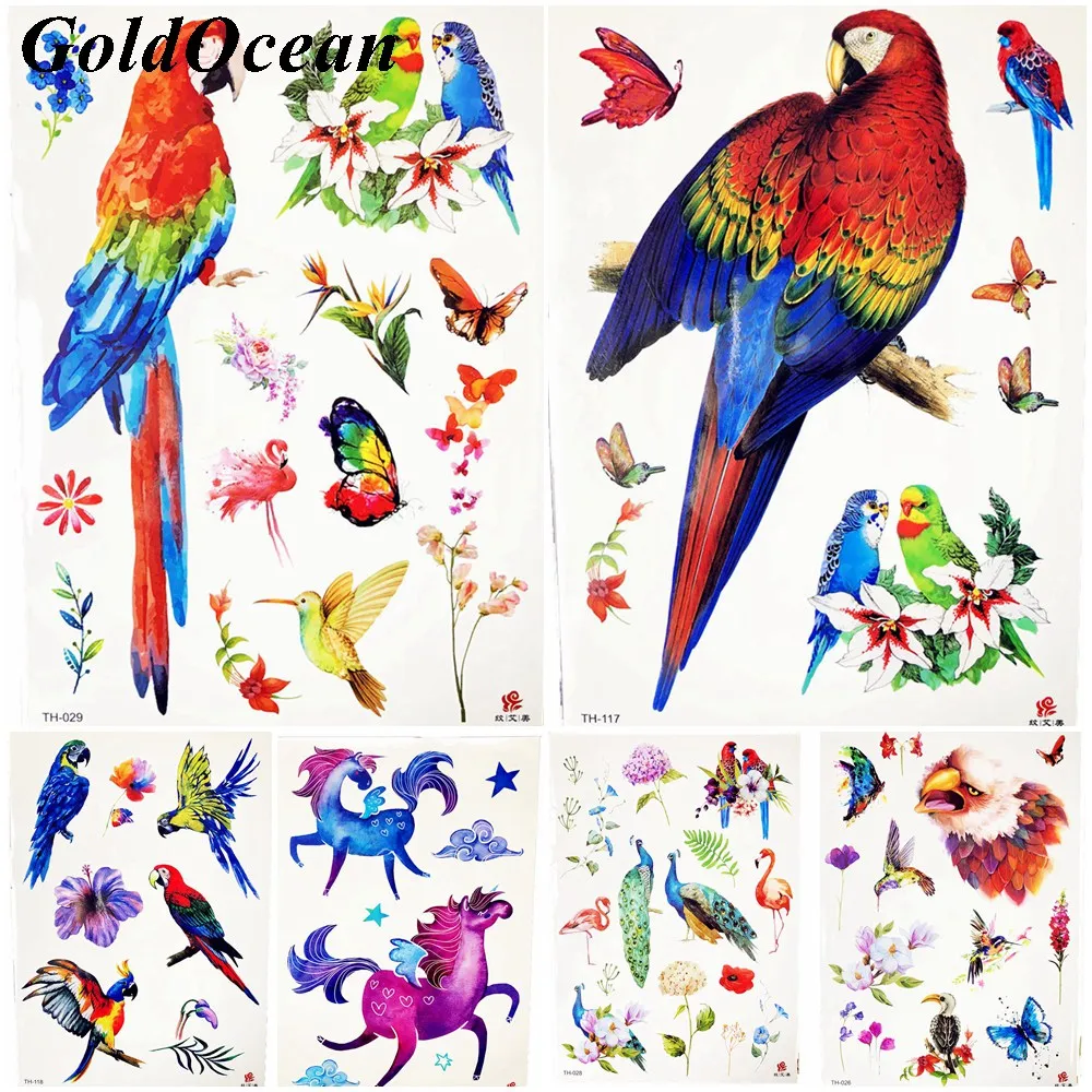 Фото 25 стилей красочный лес попугай эльф временная татуировка мультфильм птица дети