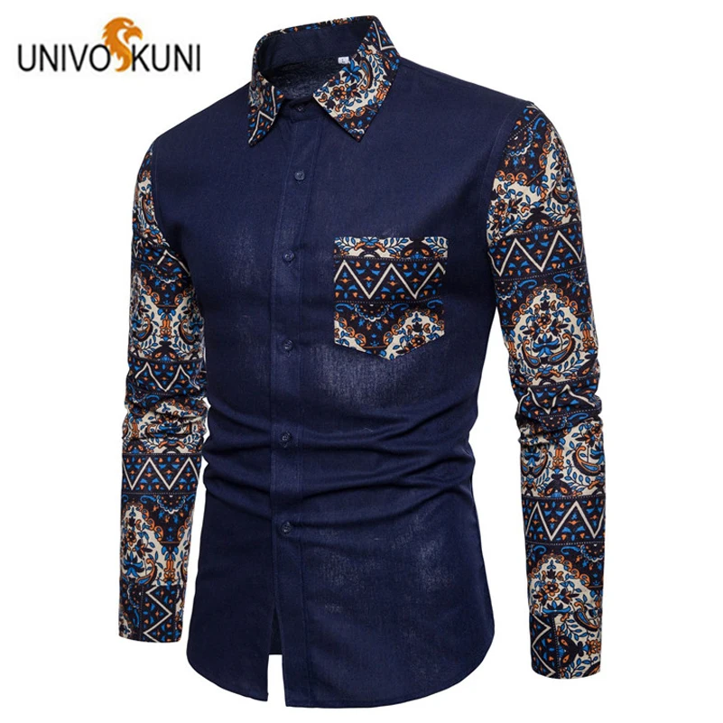 UNIVOS KUNI весна и осень новые мужские хлопковые рубашки с длинным рукавом цветочным