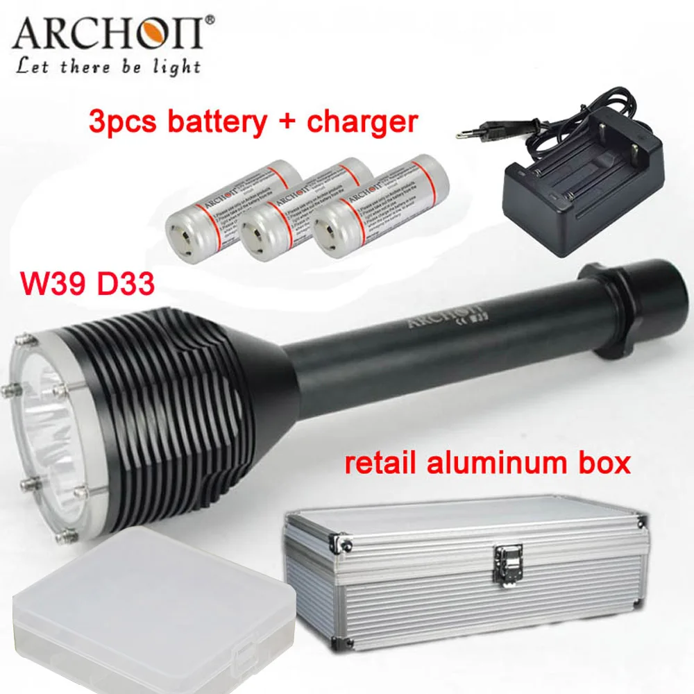 ARCHON D33 W39 светильник для дайвинга 3* XM-L2 U2 светодиодный 100 лм м фонарь для подводного фотографирования с аккумуляторами+ зарядное устройство+ алюминиевая коробка - Испускаемый цвет: with battery charger