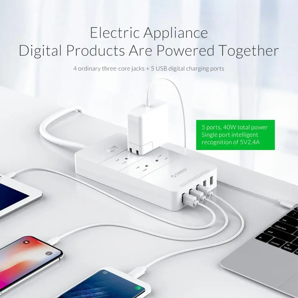 ORICO 4 AC Outlet Защита от перенапряжения с 5 USB зарядным портом и 1 QC2.0 стандарт США