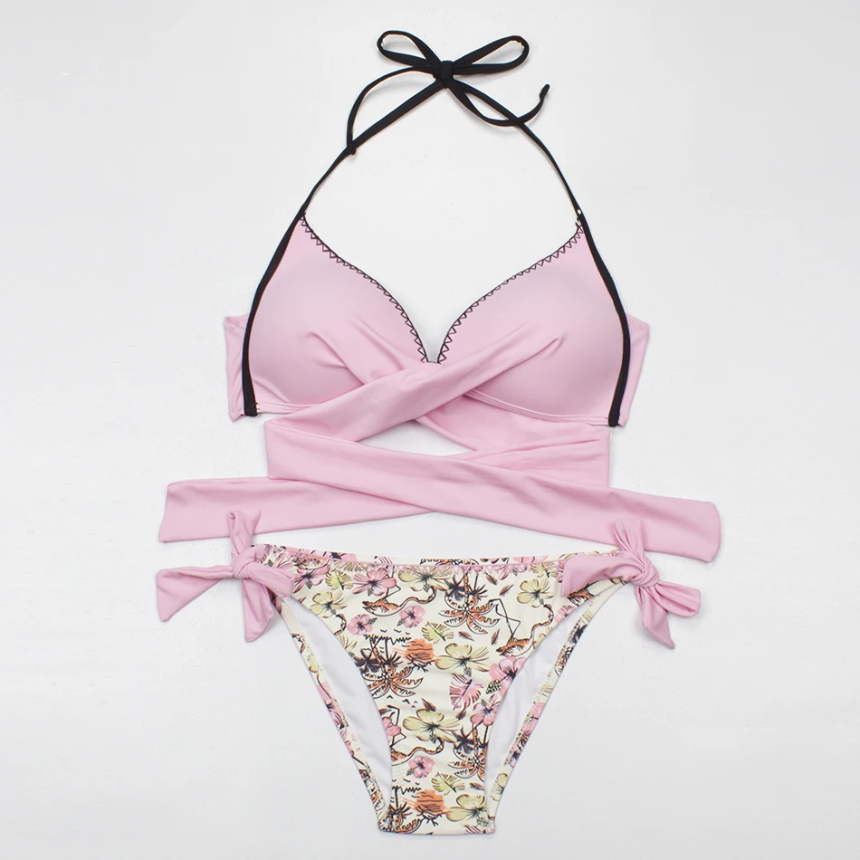 Pink ESSV сексуальное бикини для женщин плавание костюм Push Up Одежда крест накрест бикини с перекрестной шнуровкой комплект пляжные ванный XXL - Цвет: Pink