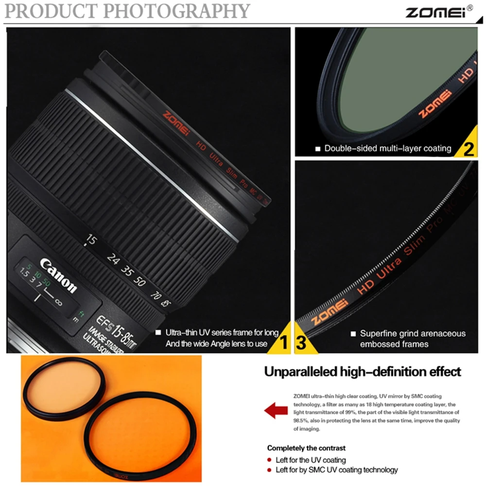 ZOMEI Ultra 40 5/49/52/55/58/62/67/72/77/82 мм Тонкий HD MCUV Многослойное оптическое стекло фильтр