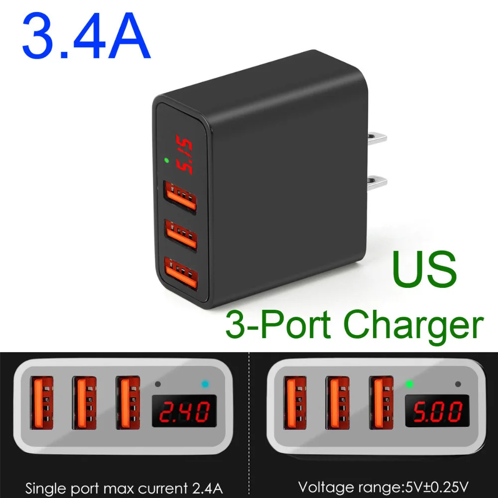 Смарт 3.4A 3 порта USB зарядное устройство светодиодный дисплей быстрое для телефона