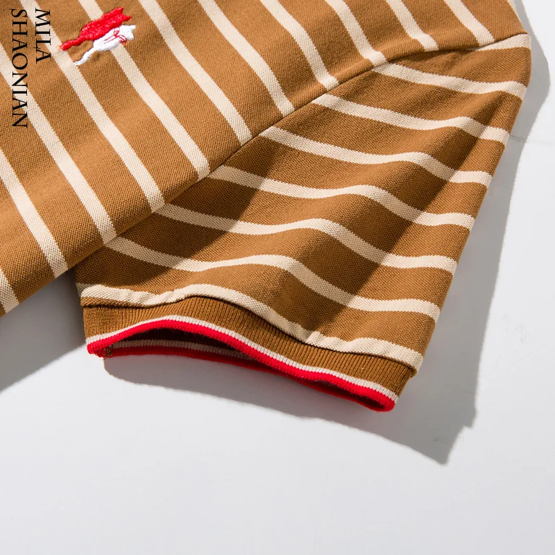 Летнее поло воротник полосатый Кот Вышивка женское платье плюс размер хлопок