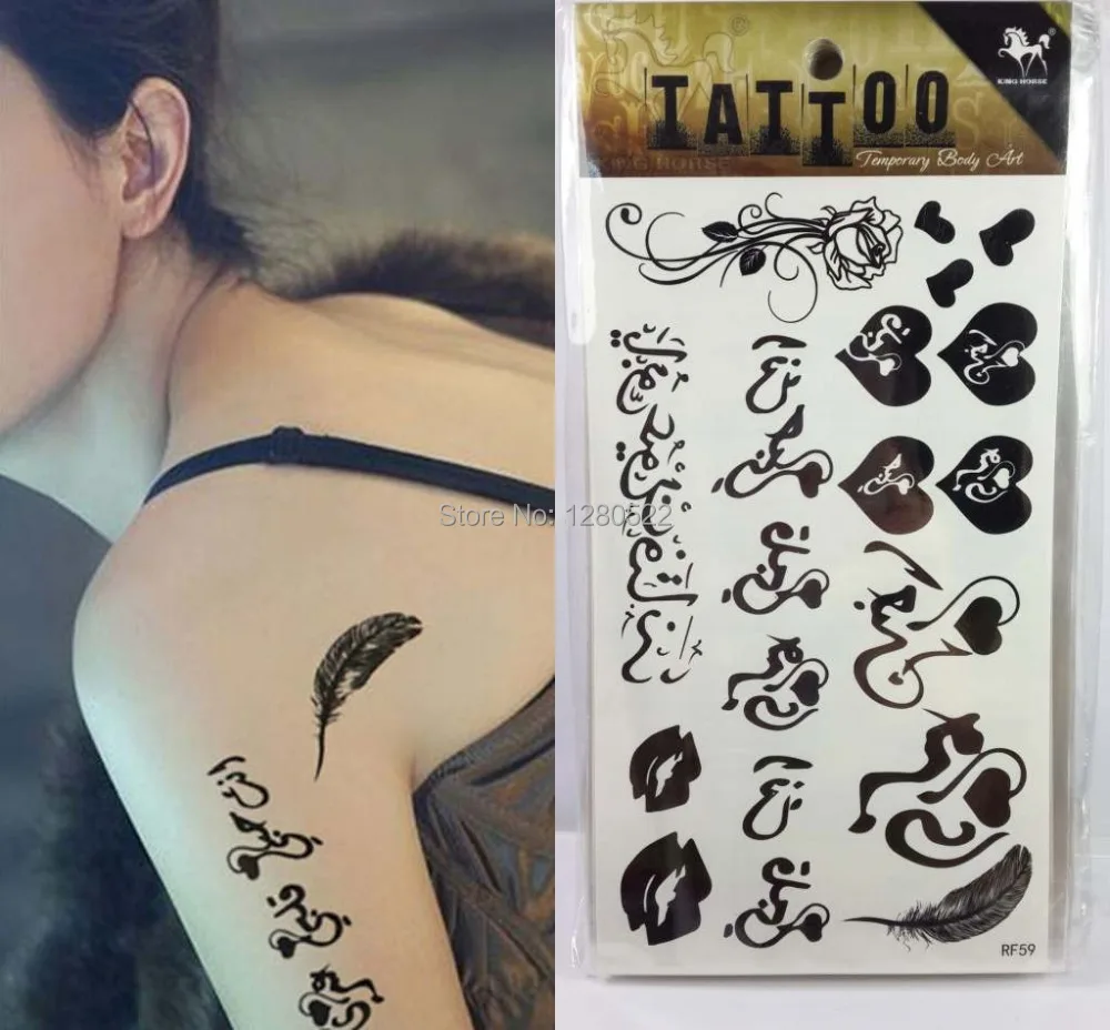 Мода 3 листов женщины Временные татуировки арабский татуировки наклейки tatuagem temporaria смешать губ перо с розами