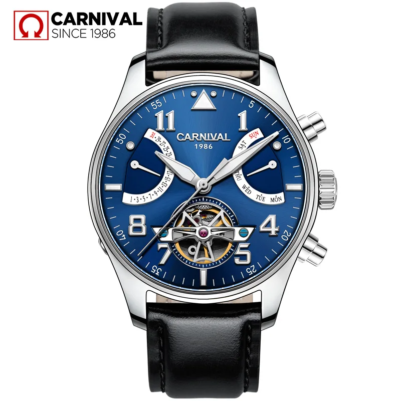Black Silver Blue Карнавал сапфир relogio masculino TopBrand автоматические часы для мужчин Tourbillon механические водонепроницаемые часы модные кожаные роскошные - Цвет: Black Silver Blue