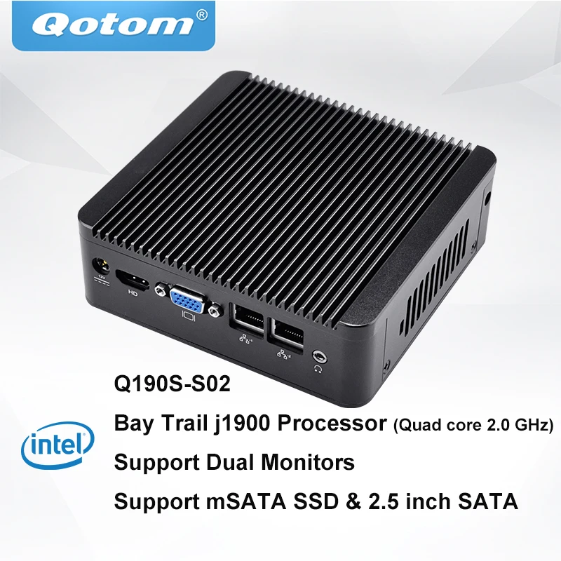QOTOM мини-ПК Q190S с процессором BayTrail j1900, безвентиляторный двойной LAN мини-ПК четырехъядерный 2,42 ГГц