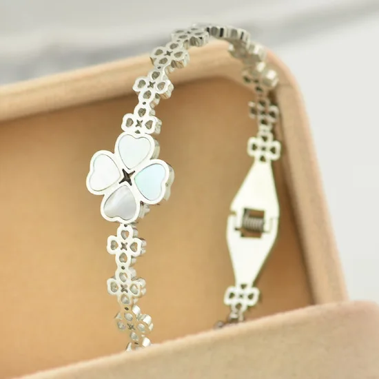 Brand Luxury clover with white shell thin flowers bracelet Bangles Titanium Rose Gold Bracelet Bangle Jewelry Women Acessories | Украшения