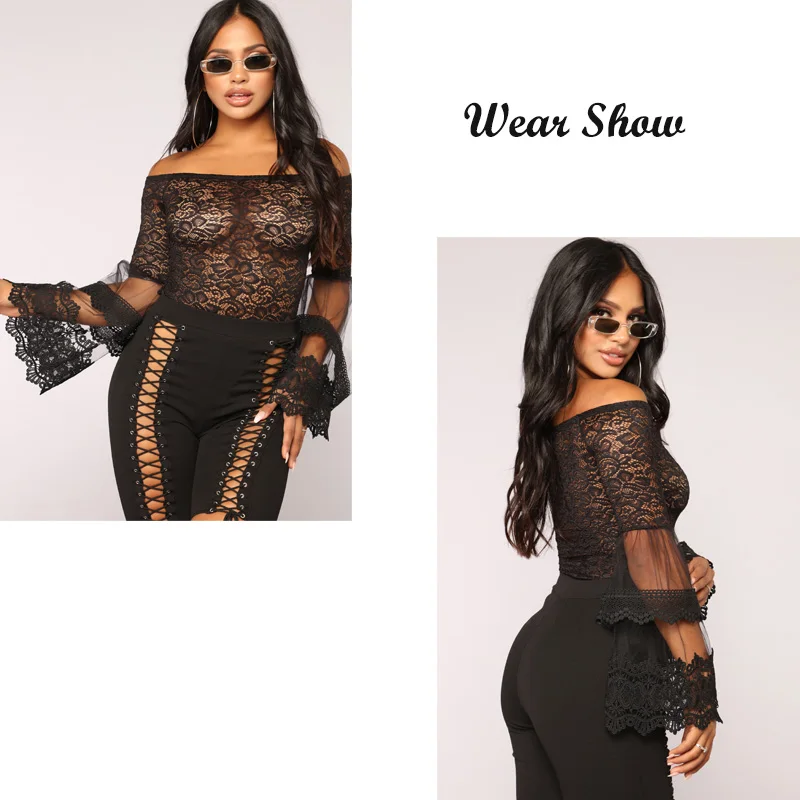 

Slash Neck Long Sleeve Short Romper Lace Transparent Body Suits for Women Lace Stitching Bodysuit Black Sexy Teddy RW80735