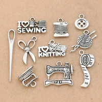 mix tibetan silver plated sewing ruller needle scissors charm pendants for jewelry making bracelet findings accessories 10styles