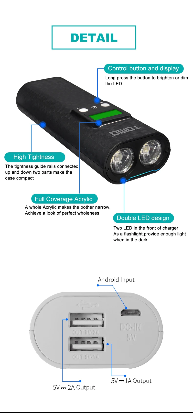 TOMO Smart power charger фонарик Функция power Bank чехол 2x18650 зарядное устройство портативное зарядное устройство для телефона зарядное устройство
