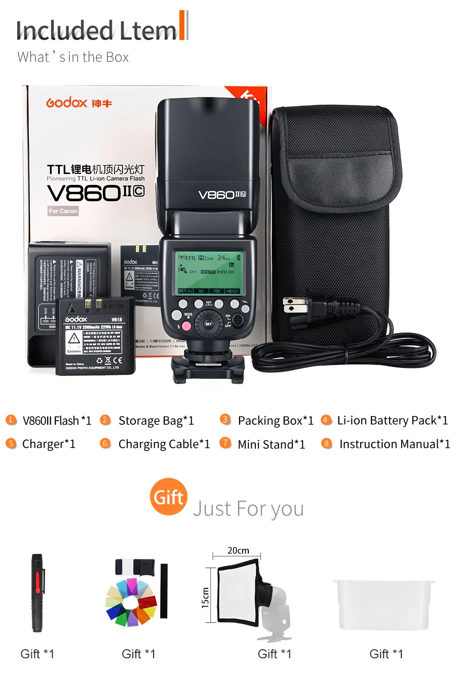 Godox Ving V860II V860II-C 2,4G GN60 E-TTL HSS 1/8000s литий-ионный аккумулятор для камеры Speedlite вспышка для Canon DSLR+ софтбокс Подарочный комплект