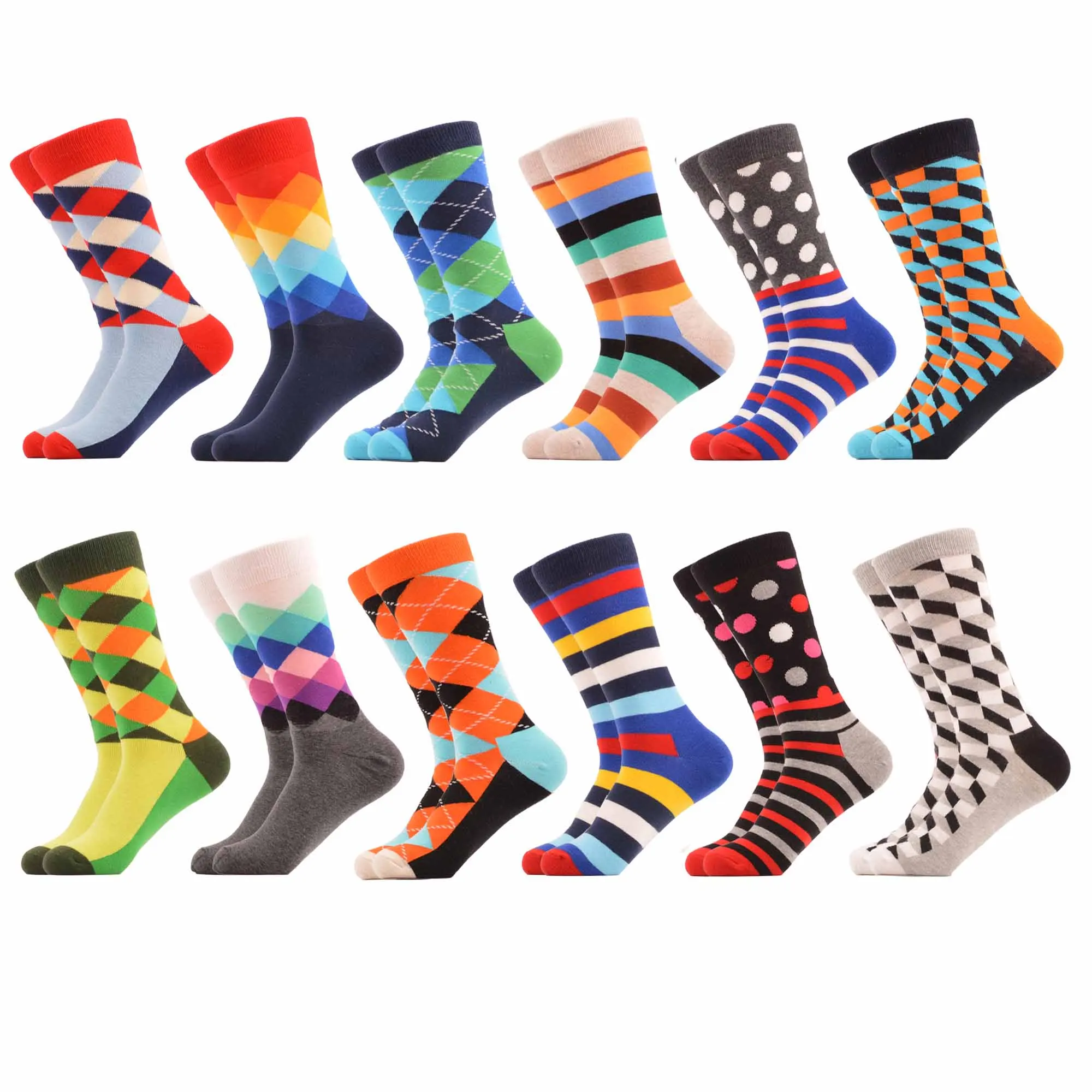 06235 (12 pairs) SANZETTI Men's Colorful Combed Cotton Happy Novelty Socks Hip Hop High Quality Skateboard Plaid Geometric Funny Socks For Gifts - Цвет: 06235 (12 pairs)