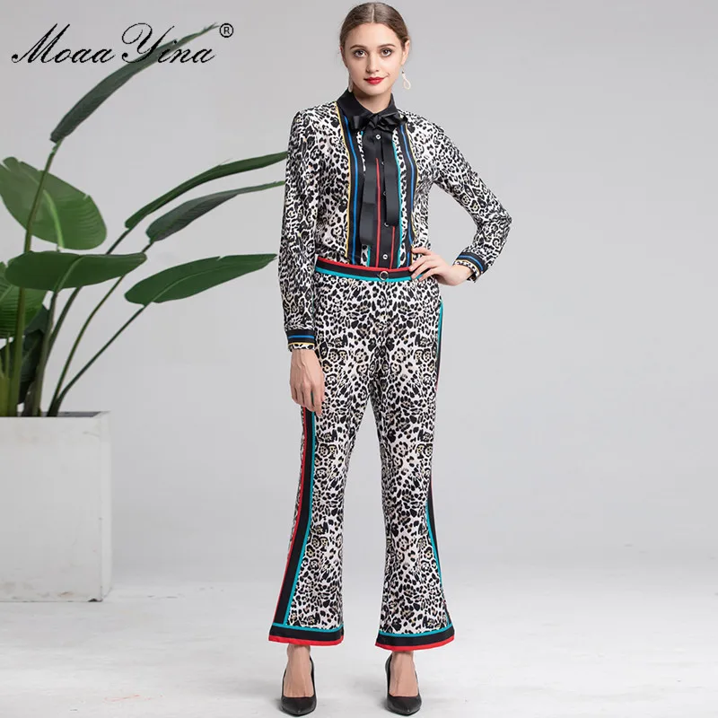 MoaaYina Fashion Designer Set Spring Autumn Women Long Sleeve Leopard Print Tops+Bell-bottomed pants Elegant Two-piece suit | Женская