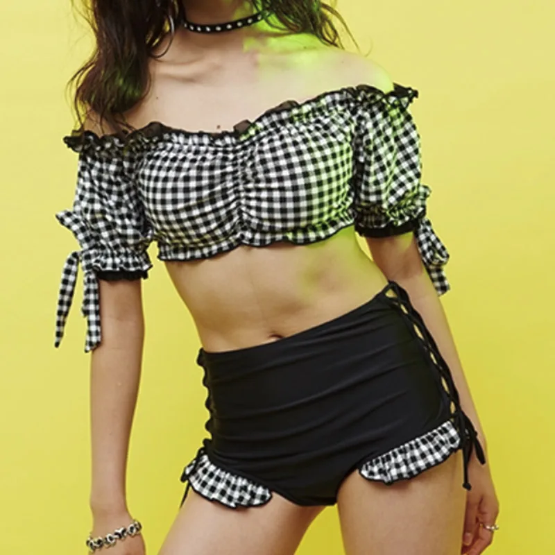 Женский клетчатый купальник топ с открытыми плечами и высокой талией 2 шт.