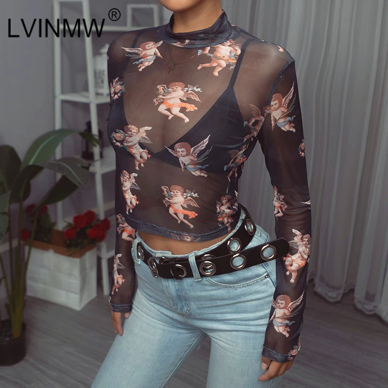 LVINMW, сексуальный черный сетчатый прозрачный ангел Купидон, короткий топ с принтом, весна, Женская водолазка с длинным рукавом, тонкие футболки
