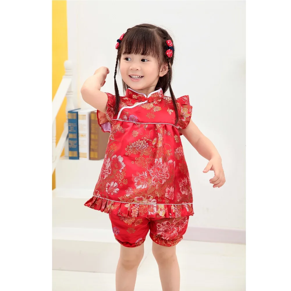 Новинка 2019 летние цветочные комплекты Qipao для детей новогодние китайские платья