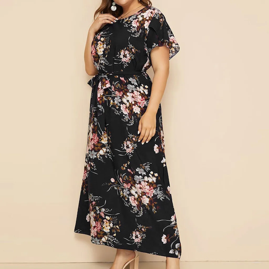 MISSOMO 5XL платье женское повседневное размера плюс цветочный принт пляжное Длинное Макси платье винтажное черное Бандажное платье с круглым вырезом на шнуровке 620