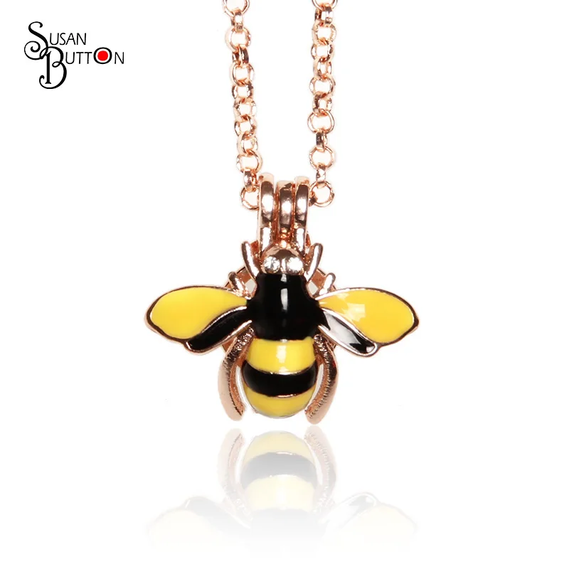 Yellow &ampBlack enamel Honey bee Cage pearl Necklace Pendant Aromatherapy Diffuser Locket for women Jewely | Украшения и