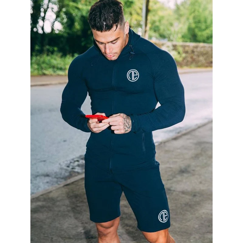 Летние Для мужчин комплекты на молнии с длинными рукавами Топы + шорты из двух