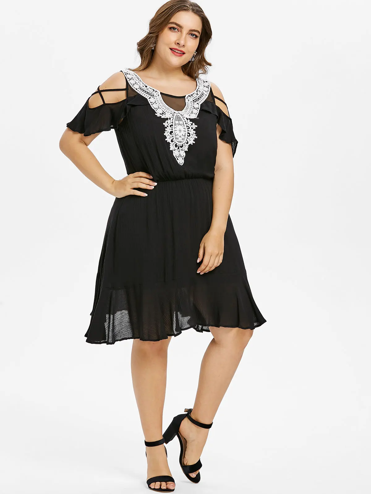 Wipalo Plus Size 5XL Guipure Trim Cold Shoulder Ruffle Dress Women Summer O Neck Short Sleeves Lace A Line Casual Vestidos|Женские