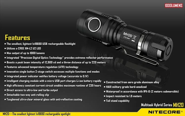NITECORE MH20 MH20W Перезаряжаемые Flashilght CREE XM-L2 U2 Макс 1000 люмен луч бросать 220 м ручной фонарик+ 18650 3500 мАч батареи
