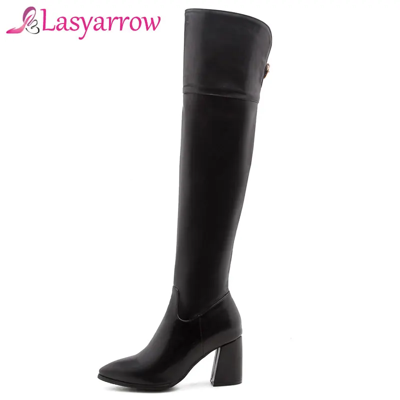 Lasyarrow/Сапоги на молнии; botas femininos; рыцарские сапоги на высоком массивном каблуке; черные, белые высокие мотоциклетные сапоги до бедра; обувь с острым носком