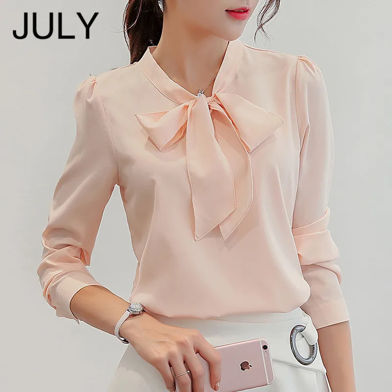 Женская блузка с длинным рукавом JULY белая из шифона бантом для отдыха на весну и