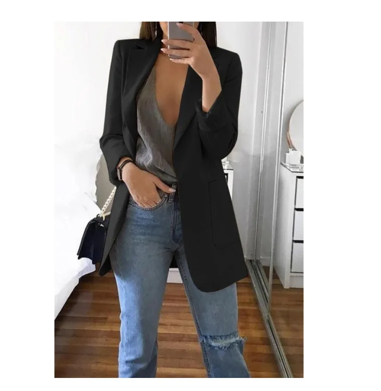 2019 женское однотонное пальто с длинными рукавами и отложным воротником Женский