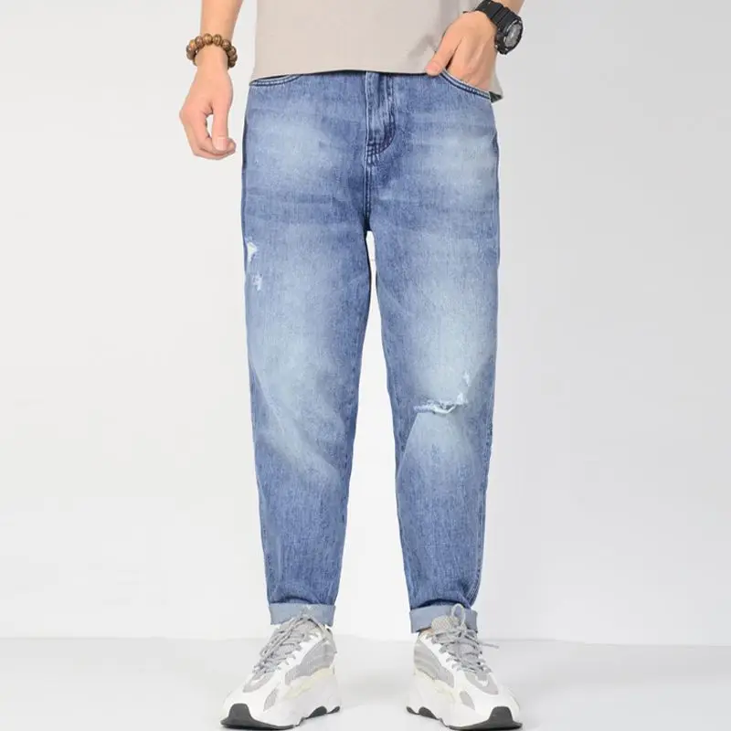 

Men Light blue Jeans Plus Size Baggy Harem Ripped Jeans Side Tapered Stretch Relax Hip Hop Loose designer jeans
