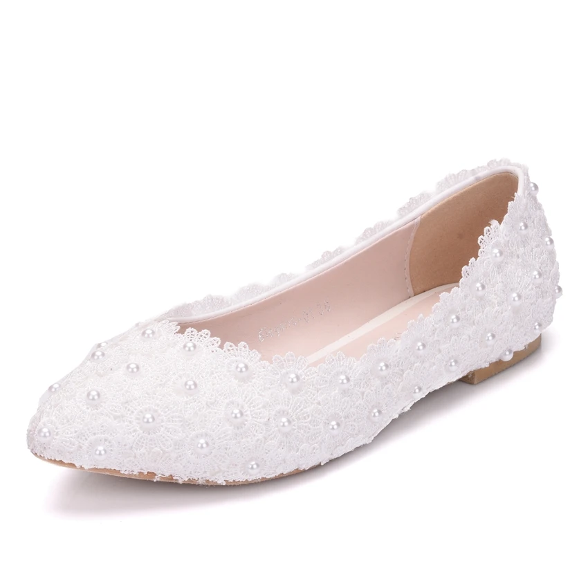 

Large Size Women's Shoes Lace Pearl Flat Shoes Pointed Banquet Wedding Shoes 2021 New Simple Sweet Single Shoes