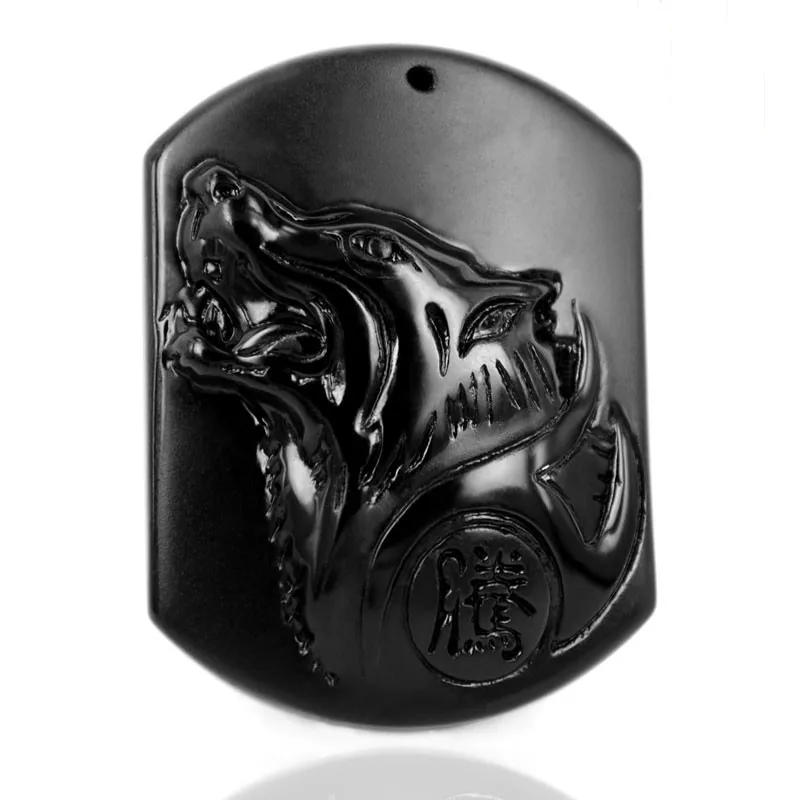 Черная Обсидиановая резьба голова Волка амулет кулон бесплатное ожерелье