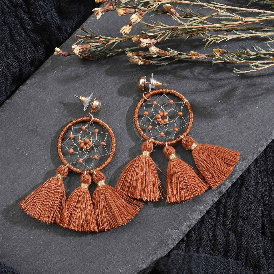 Женские серьги кисточки в богемном стиле круглые капельки с длинной