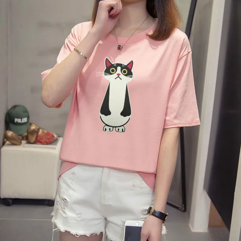 T-shirt female short-sleeved summer 2019 new printing cotton casual fashion loose thin slimming large size women's shirt | Женская